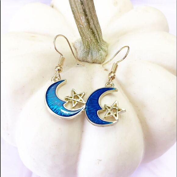 Beautiful Gold & Deep Blue Moon & Star Earrings - Picture 3 of 5